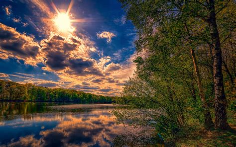 Landscape Nature Peaceful River Coast With Tall Trees Sky