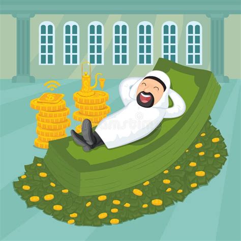 Cartoon A Arab Man Laughing And Lying On Pile Of Money Stock Vector Illustration Of Element