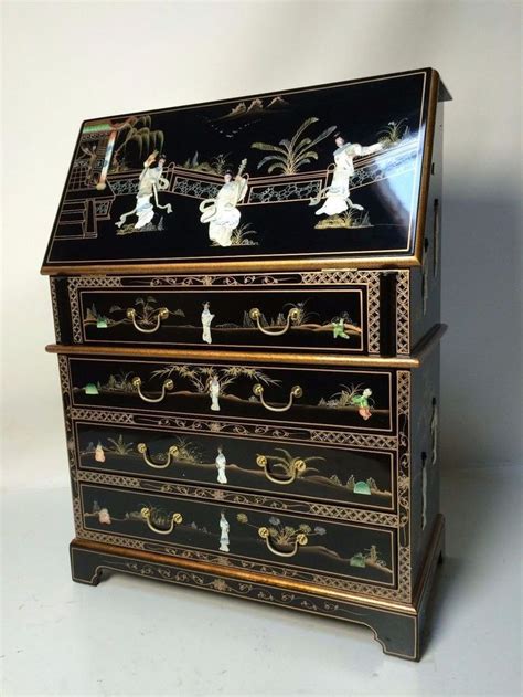 Oriental Furniture Chinese Black Lacquer Deck With Chair Mother Of