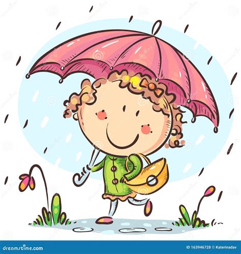 Girl With An Umbrella Walks In The Rain Stock Vector Illustration Of