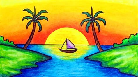 How To Draw Easy Scenery Drawing Simple Sunset Scenery Step By Step