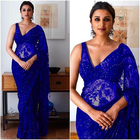 royal blue color net saree with stunning look bollywood style designer saree with blouse indian