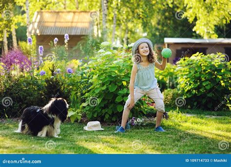 Happy Child Girl Playing With Her Spaniel Dog And Throwing Ball Stock
