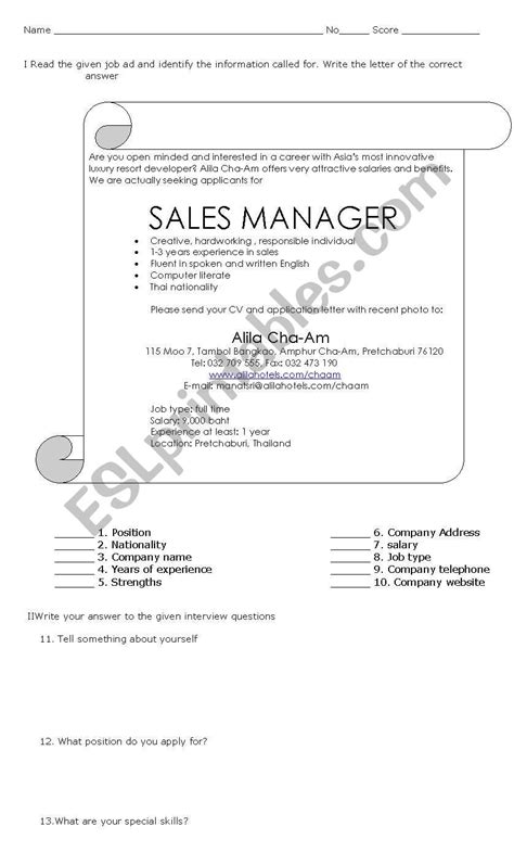For instance, if the job ad calls for a strong leader, think of examples of when you've successfully led. Job Ad, CV and Application Letter - ESL worksheet by leien29
