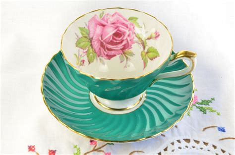 Aynsley Tea Cup And Saucer Pink Cabbage Rose Emerald Tea Etsy Canada Aynsley Tea Cup Tea