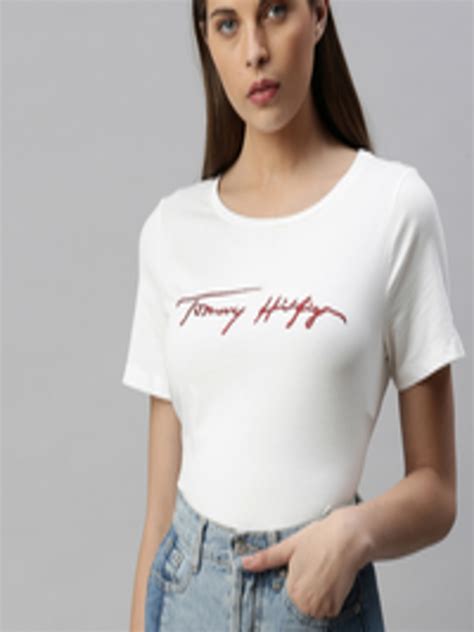 Buy Tommy Hilfiger Women White Brand Logo Printed Round Neck Pure Cotton T Shirt With