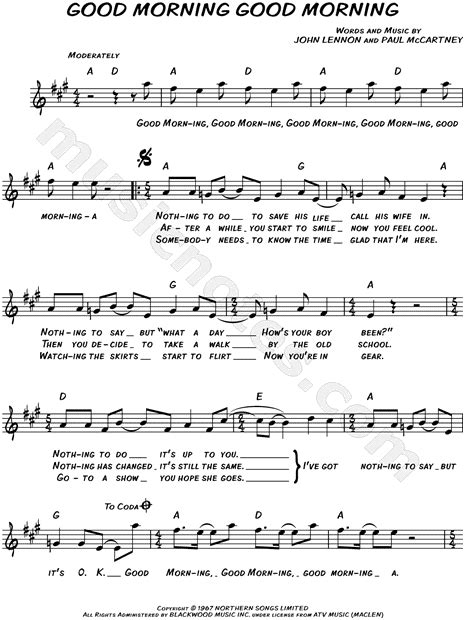 The Beatles Good Morning Good Morning Sheet Music Leadsheet In A Major Download And Print