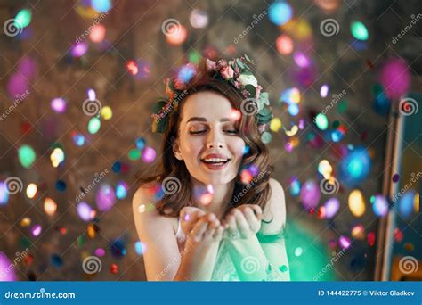 Young Beautiful Women Blowing Confetti From Hands Stock Image Image Of Festival Enjoy 144422775