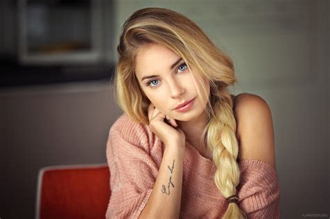 Wallpaper Women Lods Franck Blonde Blue Eyes Portrait Looking At Viewer Tattoo Braids