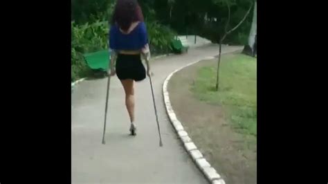 Classic Amputee Sexy One Legged Amputee Girl Walking With Crutches In