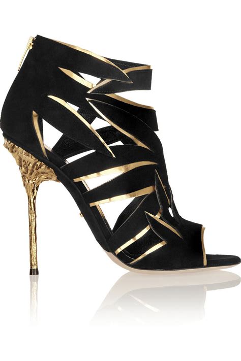 Sergio Rossi Cutout Suede And Metallic Leather Sandals Metallic Leather Sandals Metallic