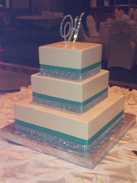 tiffany blue ribbon with bling and rhinestone initial holiday market wedding cakes royal oak