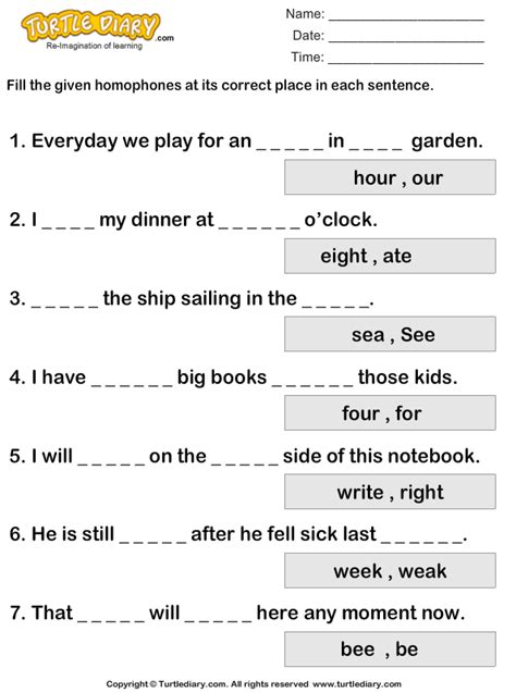 This is a tutorial on how to create a google form that replaces fill in the blank assessments and allows for word banks and multiple pages. Homophone Complete the Sentence Worksheet - Turtle Diary