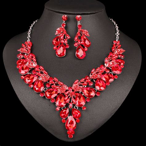 Red Fashion Austrian Crystal Necklace Earrings Indian Luxury Bridal