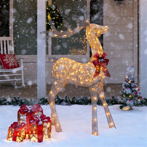 5ft 3d Pre Lit Gold Glitter Christmas Reindeer Yard Decoration W 150