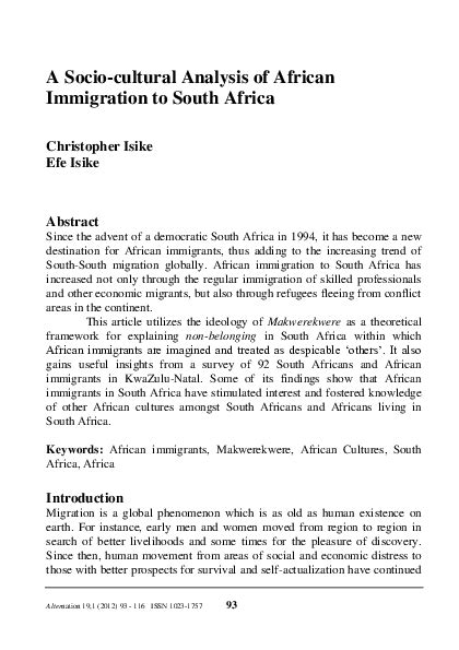 Pdf A Socio Cultural Analysis Of African Immigration To South Africa