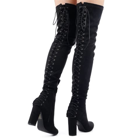 belle over the knee lace up back boots in black faux suede thigh high suede boots faux suede