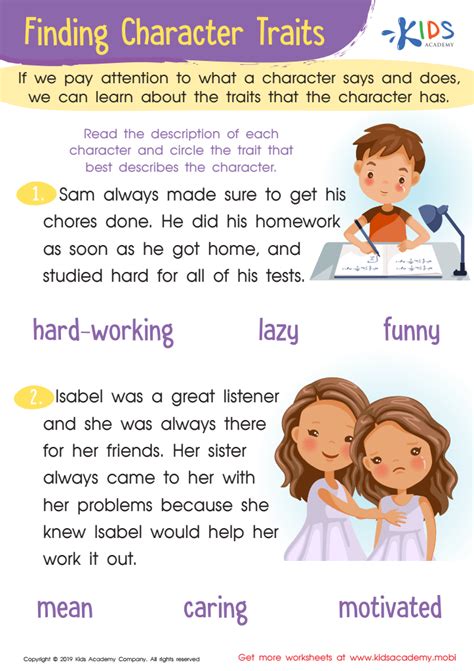 Finding Character Traits Worksheet For Kids