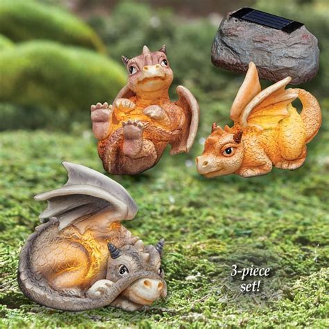 Set Of 4 Baby Dragon Solar Lighted Garden Sculptures Resin Statues New