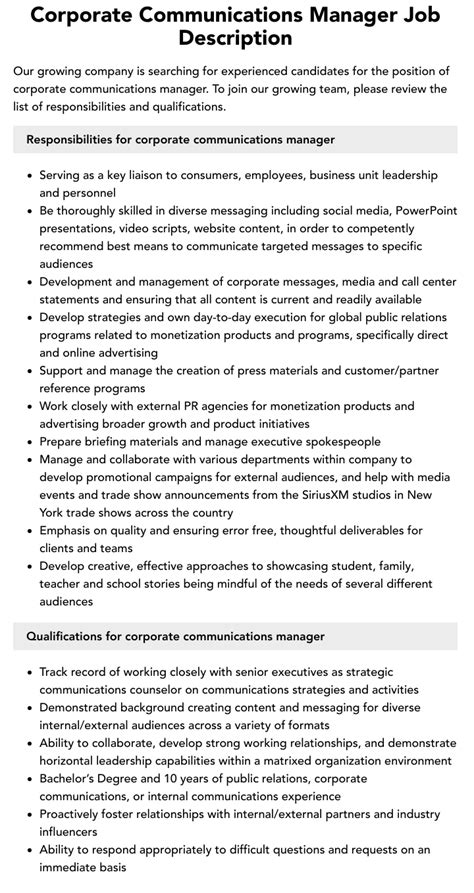 Corporate Communications Manager Job Description Velvet Jobs