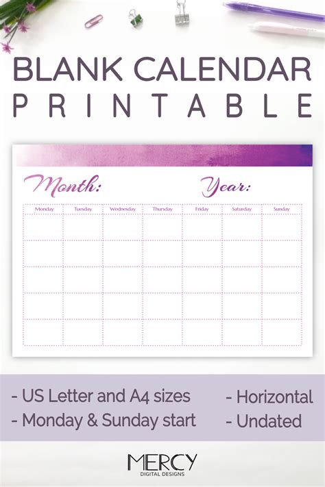 The Printable Blank Calendar Is Shown With Flowers And Pens