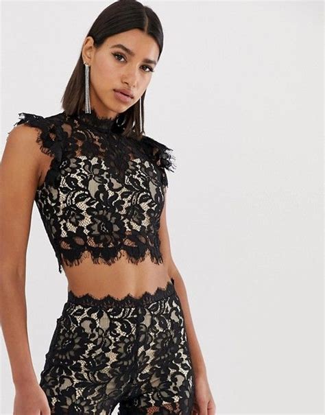 Love Triangle Eyelash Lace Crop Top Two Piece With Flutter Sleeve In Black Asos Lace Crop