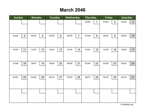 March 2046 Calendar With Day Numbers