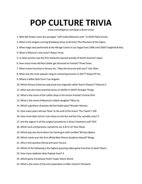 Pop Culture Trivia Questions And Answers Printable Challenge Your