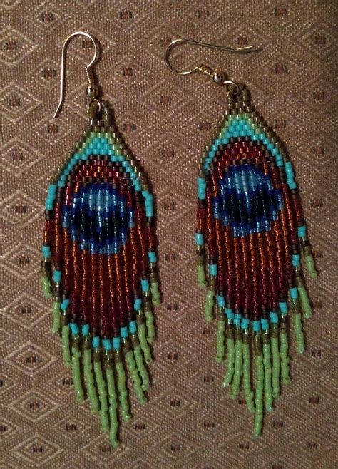 Peacock Feather Beaded Earrings Delica Beads Brick Stitch Beaded