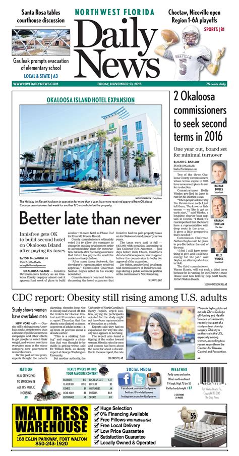 The Nov 13 2015 Front Page Of The Northwest Florida Daily News