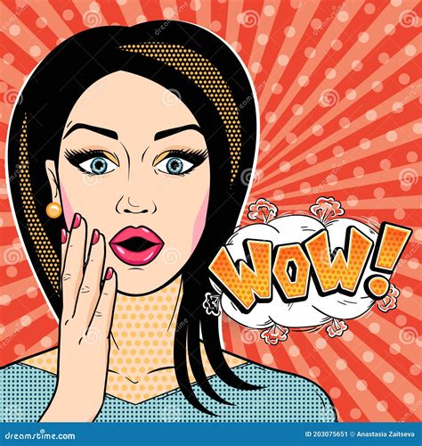 Modern Woman Surprised Face With Wow Word Bubble In Pop Art Comic Style