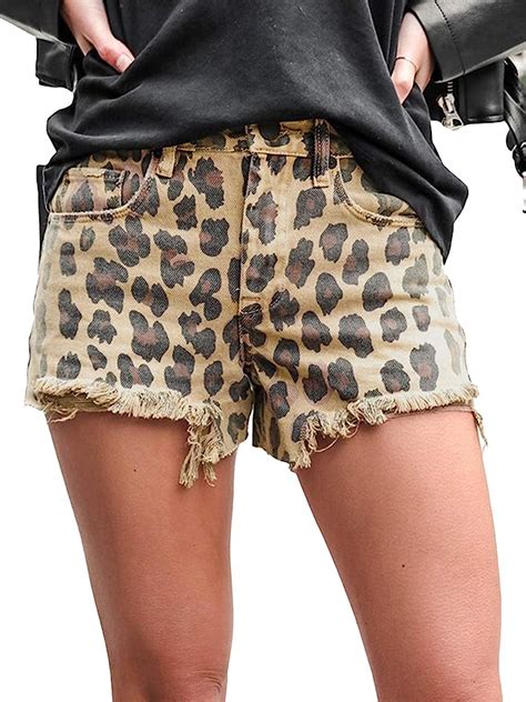 Haomay Women Stretchy Leopard Printed Frayed Hem Denim Jeans Shorts With Pockets At Amazon Women
