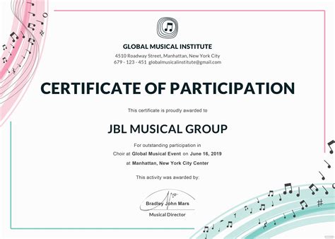 Free Choir Certificate Of Participation Template In Adobe Photoshop