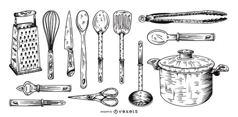 Kitchen Tools Hand Drawn Collection Set Vector Download