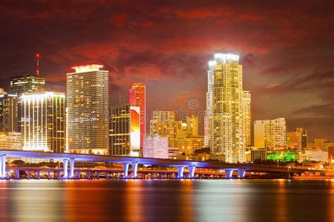 Colorful Night View Of City Of Miami Florida Stock Photo Image Of