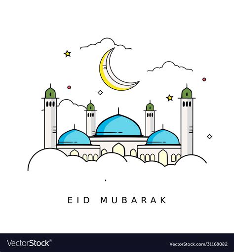 Happy Eid Mubarak With Flat Line Art Royalty Free Vector