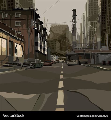 Cartoon Street Of The Ruined City Royalty Free Vector Image