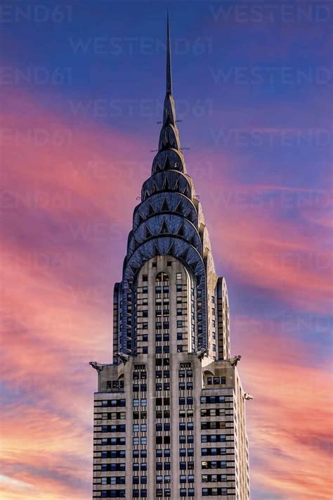 Chrysler Building Against Orange Sky During Sunset New York Usa Stock
