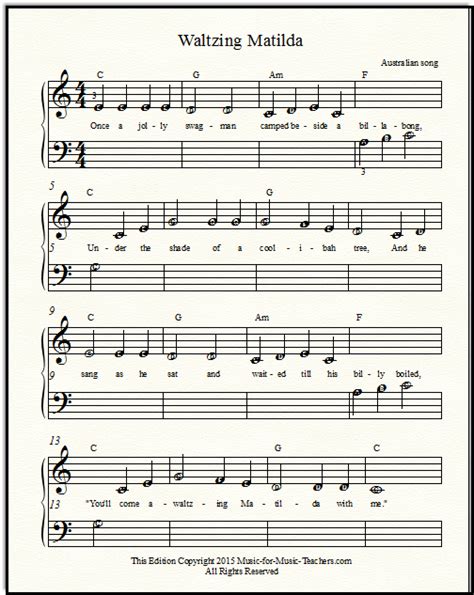 God will make a way. Free popular sheet music "Waltzing Matilda" for beginner piano students, with lettered notes ...