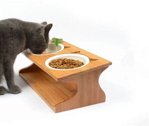 Cat Bowl With Stand 15° Tilted Platform Pet Feeder Solid Pine Stand