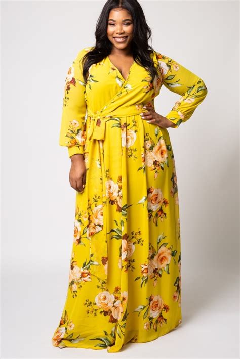 Plus Size Bright Yellow Floral Chiffon Long Sleeve Maxi Dress