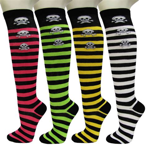 ladies colorful variety design assorted knee high stocking socks striped with skulls 4 pairs
