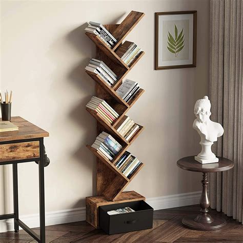 Rolanstar Tree Bookshelf Bookcase With Drawer Floor Standing Tree
