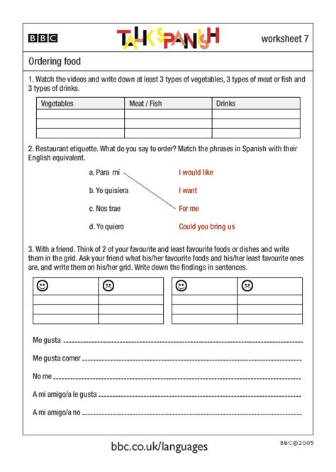 Not sure what dishes to order? BBC - Languages - Talk Spanish - Ordering food - Worksheet