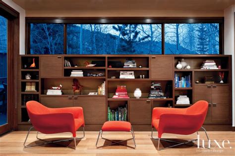 Customized room furniture with media unit & luggage chest for wholesale. Brown Contemporary Media Room with Red Chairs - Luxe ...