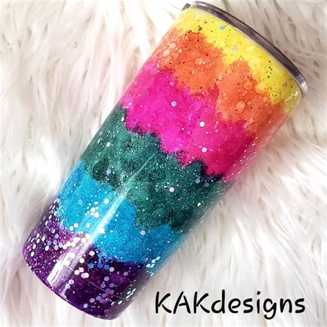 Rainbow Watercolor Glitter Dipped Tumblersalcohol Ink Yeti Etsy