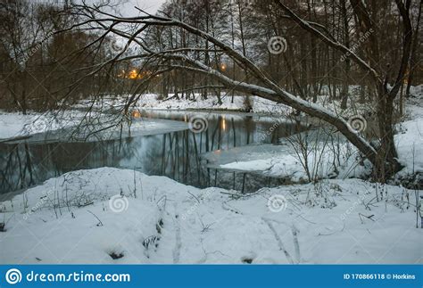 Winter Snow Park River Reflection In Night Landscape Stock Photo