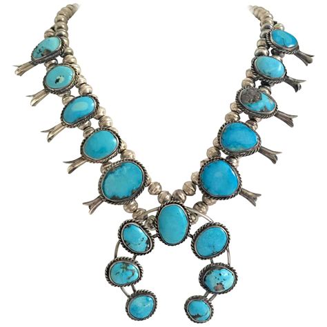 S Navajo Sterling Silver And Turquoise Squash Blossom Necklace At
