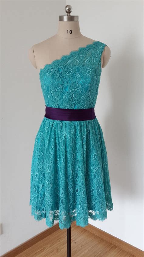 2015 One Shoulder Teal Lace Short Bridesmaid Dress With Dark Purple