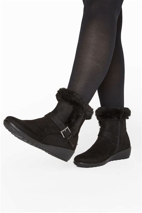 Black Vegan Suede Wedge Heel Buckle Ankle Boots In Extra Wide Fit